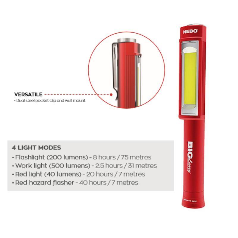 Nebo Big Larry 2 Work Torch Red LED COB 500 Lumens 2 Year Warranty