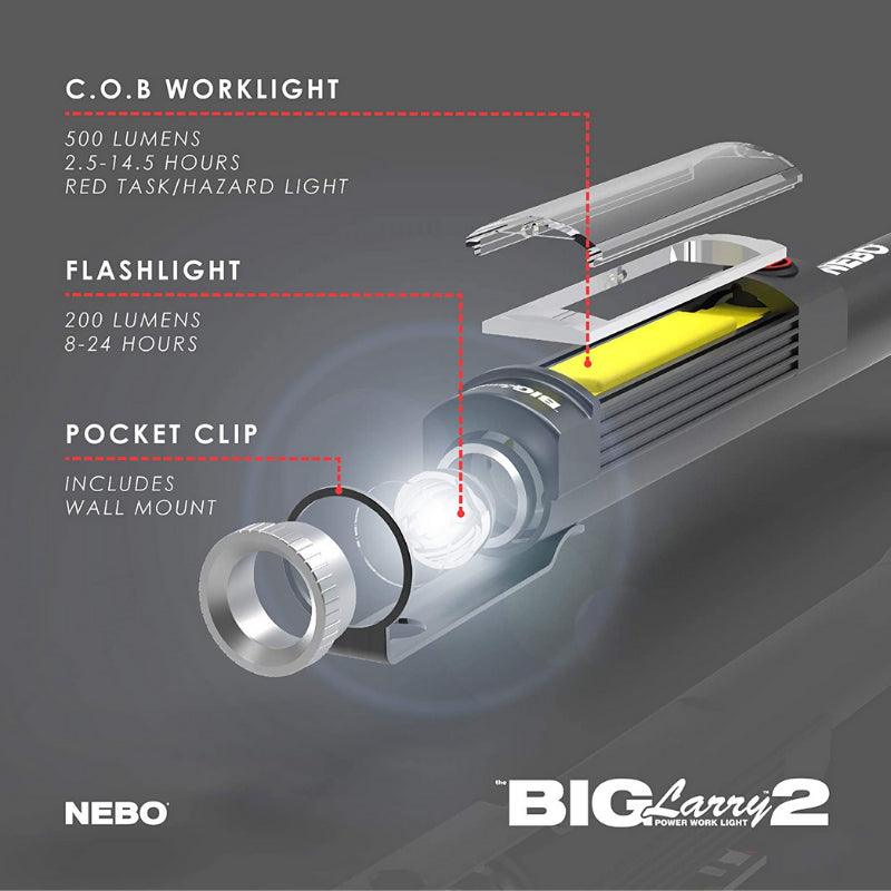 Nebo Big Larry 2 Work Torch Flash Light Black LED COB 500 Lumens 2 Year Warranty - Spares Hut